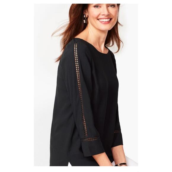 NWT Talbots Petite Lace Sleeve Crepe Popover Blouse Black Size MP - Picture 2 of 9